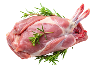 Raw lamb leg roast with rosemary herbs for cooking delicious meat recipe and food preparation on transparent background