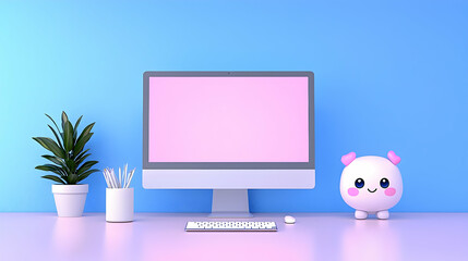 Pastel Pink Computer Desk Setup with Cute Cartoon Animal