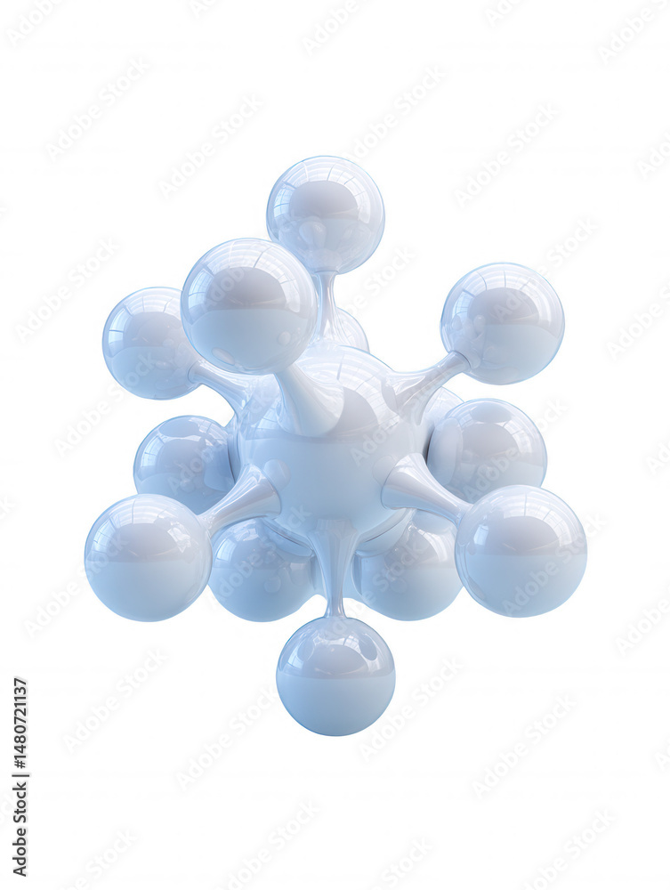 Poster a clean white spherical molecular structure with interconnected balls radiates evenly on a blank bac