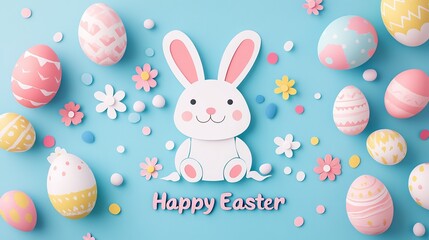 Happy easter colorful pastel paper cut rabbit egg card, 