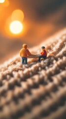 little toy men knitting a big sweater, miniature hikers on a knitted sweater  