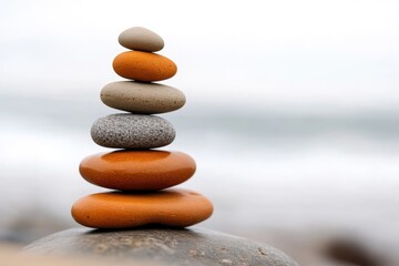 Balanced stack of colorful, smooth stones on a beach, serene and calming composition against an overcast sky.