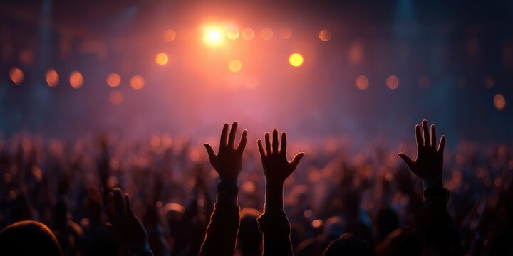A Captivating Concert: An energetic crowd raises their hands in unison, silhouetted against a vibrant stage with a dazzling array of lights, capturing the essence of a live concert.