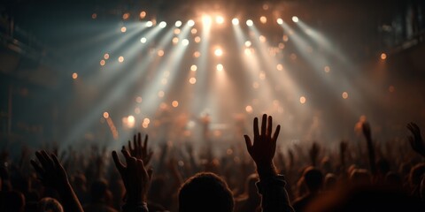 Enthusiastic Crowd at Concert: A sea of hands raised towards a stage bathed in vibrant spotlights, with silhouettes of musicians creating a thrilling ambiance.