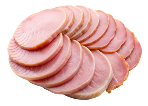 Ham slices deli meat lunch meat breakfast meat cold cuts cured meat sliced pork product food 90 on transparent background - Powered by Adobe