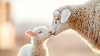 Naklejka premium Ewe and Lamb Nuzzling in Golden Sunset Light