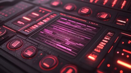 Detailed dark futuristic panel with glowing red & pink lights