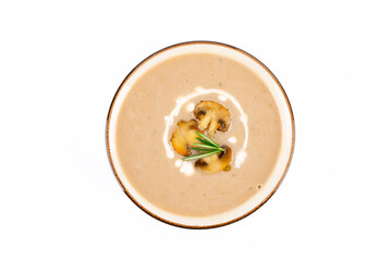 Delicious and healthy mushroom soup on white background