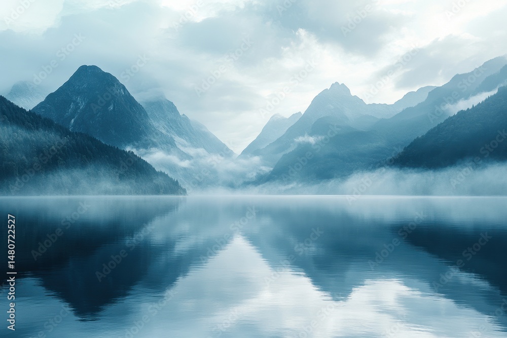 Poster majestic autumn landscape at a serene lake surrounded by towering mountains during early morning lig