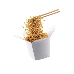 Golden noodles are lifted from a white takeout box with wooden chopsticks against a clean white backdrop, showcasing a simple and delicious meal at lunchtime.