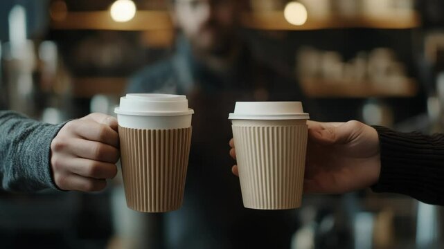 Barista serving takeaway coffees to customers in cafe, two coffee cups.