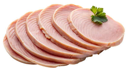 Sliced smoked turkey breast deli meat for sandwiches and charcuterie board appetizer recipe on transparent background