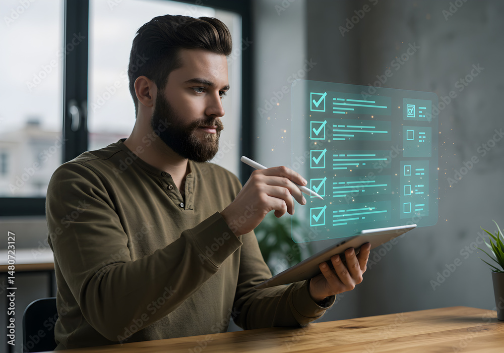 Poster man using digital checklist on tablet for task management and productivity at home office workspace