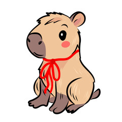 Capybara in a red vest holding a bouquet of red and white roses. Perfect for Valentine's Day cards, romantic gifts, children's illustrations and love-themed designs. Vector	