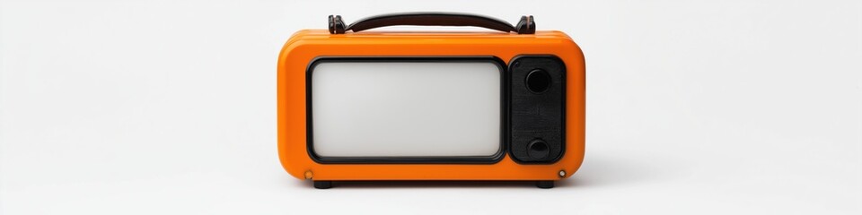 A small orange radio with a white screen sits on a white background. The radio is turned off and has no sound