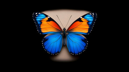 Blue And Orange Butterfly Closeup On Dark Background