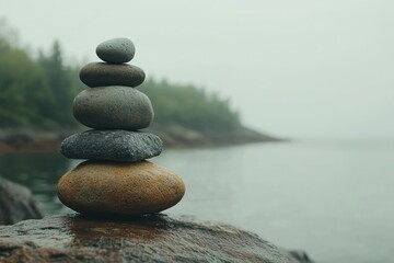 A stack of balanced stones on a wet rock, a lake and hazy forest in the background, creating calmness.