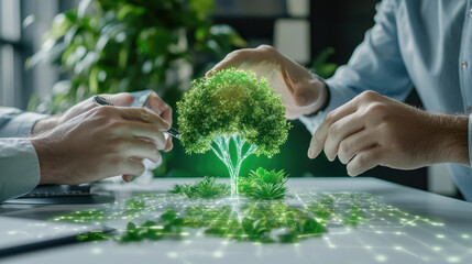 Hands protect a glowing green tree model during a work meeting, discussing sustainability