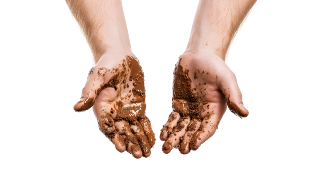 Hands Covered in Mud - Dirty Hands on White Background