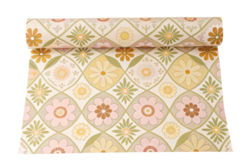 PNG Retro floral wallpaper roll with geometric patterns in pastel colors