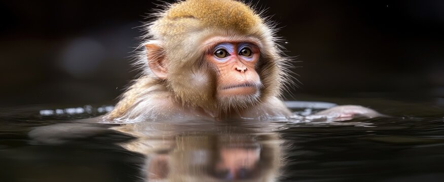 A young primate calmly submerges itself in a tranquil pool, its reflection mirroring its serene expression. The dark background accentuates the animal's light fur