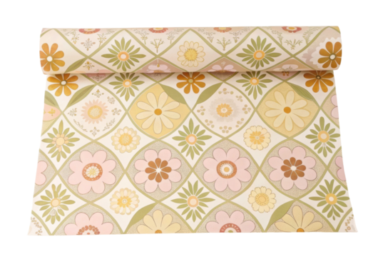 PNG Retro floral wallpaper roll with geometric patterns in pastel colors