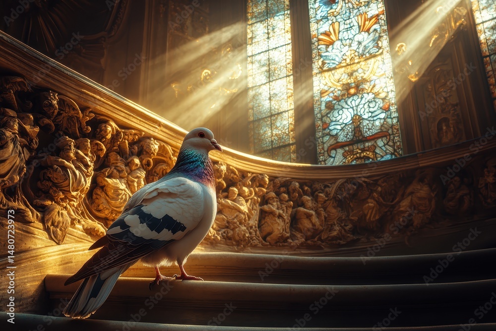 Aufkleber pigeon perched on ornate staircase illuminated by sunlight filtering through stained glass windows i