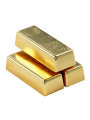 A gleaming stack of three gold bars, beautifully rendered with smooth surfaces and reflective shine, is isolated against a clean white background, showing wealth.