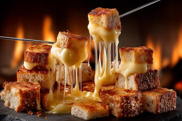 Crusty bread cube lifted, fondue cheese cascades in thick strings. Warm atmosphere near alpine lodge fireplace. Concept of dining experiences, gourmet food, winter retreats