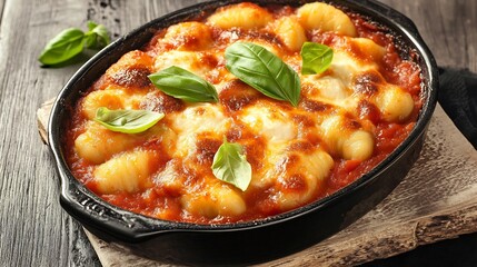 Regular view of Gnocchi alla Sorrentina soft potato gnocchi baked mozzarella tomato sauce garnished basil served black ceramic dish Italian comfort food Sorrento Italy cut out isolated transparent