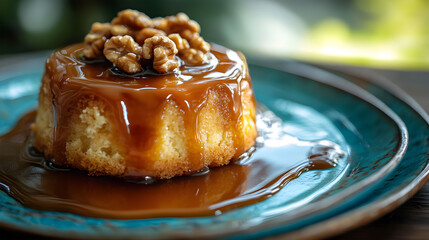 Caramel Cake with Walnuts on Blue Plate - Sweet Dessert