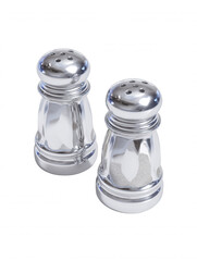 Shiny metal salt and pepper shakers stand side by side on a clean white surface, ready to season food with flavor and spice for a delicious culinary experience.