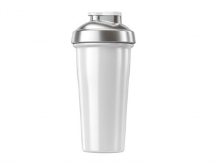 An isolated shiny white plastic protein shaker bottle with a metallic silver lid is centered against a clean, bright white background in this studio shot.