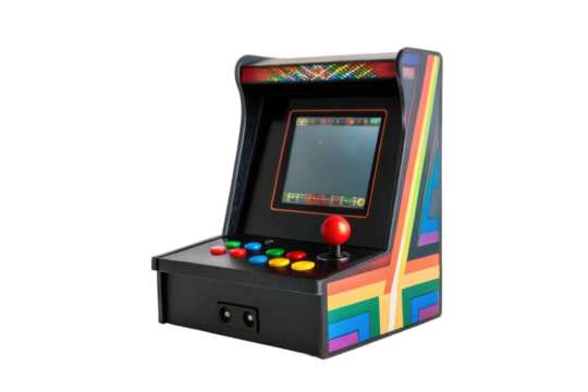 PNG Retro arcade machine with joystick and colorful design against black background