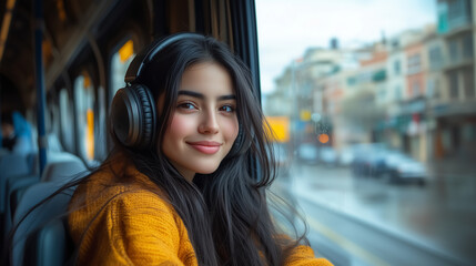 20s hispanic woman inside public bus smiling at camera wearing yellow sweater and headphones 