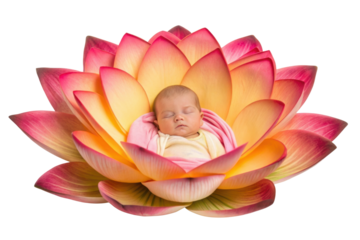 PNG Peaceful newborn caucasian baby sleeping inside vibrant pink and yellow lotus flower