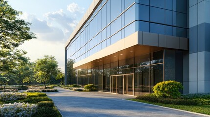 Modern Glass Office Building Entrance with Landscaping at Sunset