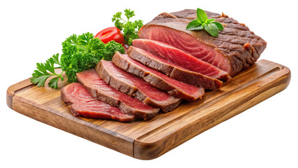 Delicious sliced roast beef on wooden board with fresh herbs and tomato garnish food photo on transparent background
