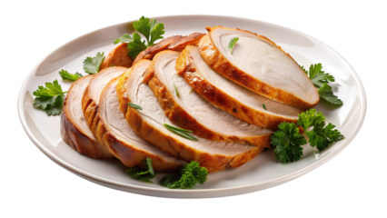 Delicious sliced turkey breast recipe for thanksgiving dinner or christmas holiday meal prep on transparent background