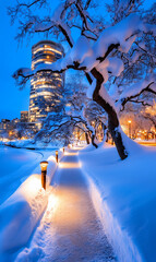 Snow-covered city park path with glowing lamps and modern tower at twilight in winter.