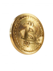 A shiny gold bitcoin coin stands upright against a stark white backdrop, showcasing its intricate details and symbolic representation of cryptocurrency value.