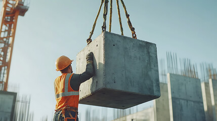Construction Worker Guiding Concrete Block with Crane