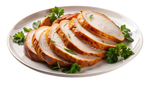 Delicious sliced turkey breast recipe for thanksgiving dinner or christmas holiday meal prep on transparent background