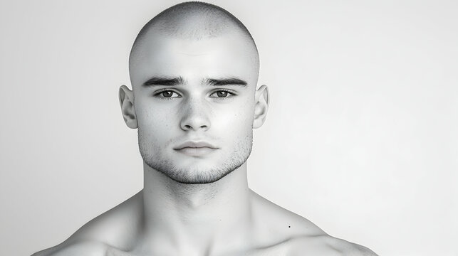 Close-up Black And White Portrait of a Young Bald Man