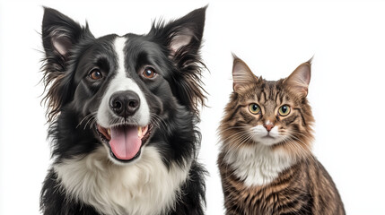 Fototapeta premium Happy black and white dog and fluffy brown tabby cat side by side on white background, looking directly at camera.
