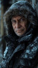 Portrait of a rugged older man in a snow-covered parka with fur hood, leaning against wall in harsh winter conditions.
