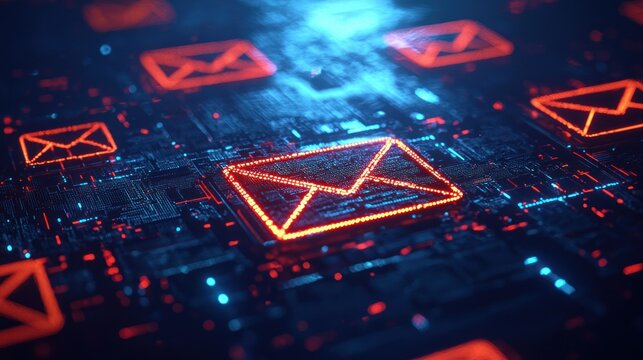 Electronic mail envelope icons on a circuit board texture