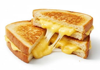 Golden grilled cheese sandwich cut in half with cheese pull effect, white plate isolated on white