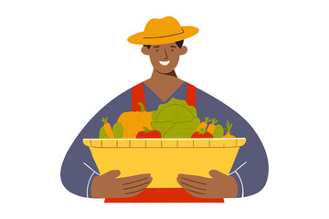 Happy Farmer Holding Crate of Fresh vegetables . autumn harvest. Vector illustration. fall market .