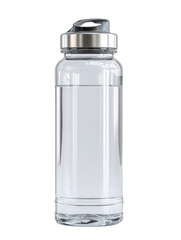 An eco-friendly reusable transparent water bottle with clear purified water stands isolated against a plain white background in a well-lit studio setting.
